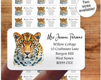 Adressetiketter med stor leopardkatt, hantverk, presenter i akvarell, personliga klistermärkesark