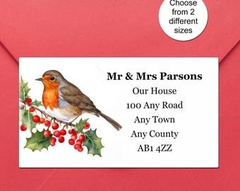 Robin on Holly Return Address Labels, Personalised, Custom Sticker Sheets, for Envelopes, Crafts, Handmade, Made with Love, 2 Sizes