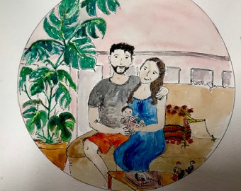 Portrait de famille illustration personnalisé aquarelle