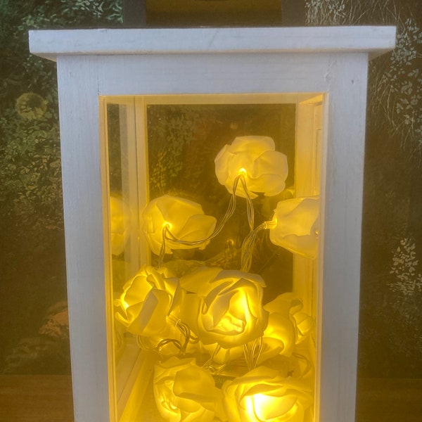 Wedding centerpiece | Lantern with fairy light flowers | 6" x 6" x 12" - white lantern with black accents