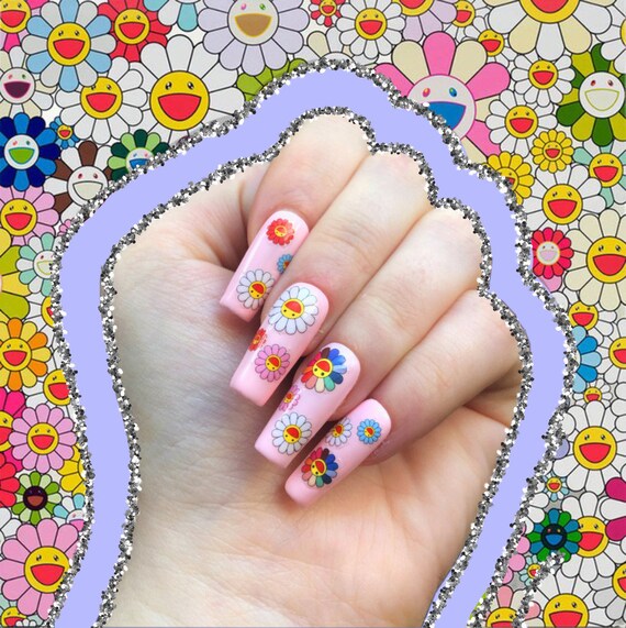 takashi murakami flower press on nails fake faux etsy zdobienia paznokci francuski manicure skull nail art