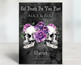 Personalisierte atemberaubende lila Rosen und Schädel Gothic inspirierte Hochzeits- oder Jubiläumskarte