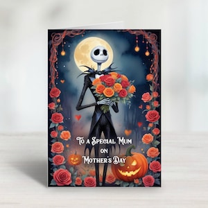 Tarjeta personalizada para el Día de la Madre de Jack Skellington de Pesadilla antes de Navidad, tamaño A5. Flores y calabazas de colores. Envío por correo certificado.