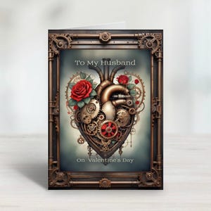 Personalised Stunning Steampunk Mechanical Heart Valentines Day card. Celebrate love with a touch of industrial elegance!