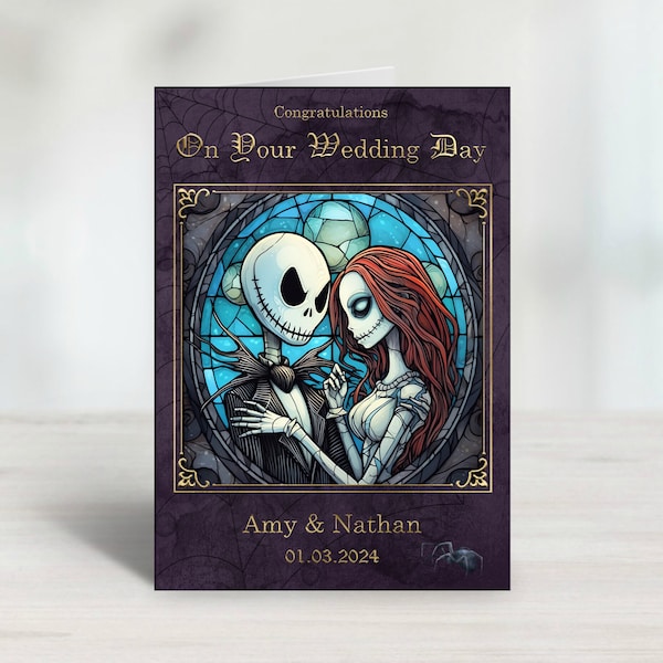 Personalised Nightmare Before Christmas Wedding or Anniversary Card - Jack & Sally Stained Glass