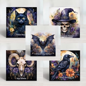 Bénédictions florales de Samhain à l'aquarelle, cartes d'Halloween effrayantes, chat noir, sorcière, crâne de bélier, corbeau et chauve-souris