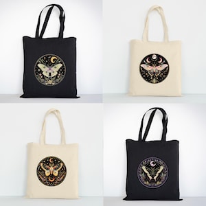 Mystical Moth Tote Bag | Gothic Witch core Celestial Design | Reusable Cotton Shopping Bag | Alternative Gothic Gift