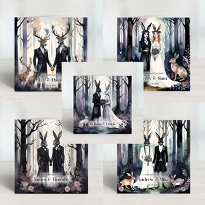 Spersonalizowane karty na ślub, zaręczyny, rocznicę, ceremonię zaślubin dla osób tej samej płci z motywem Ethereal Forest Dark Hare - zestaw 2