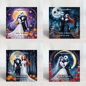 Biglietti di auguri personalizzati "Nightmare Before Christmas" per matrimonio, anniversario, fidanzamento e congratulazioni di Jack e Sally del 2025. Spedizione con affrancatura di prima classe.