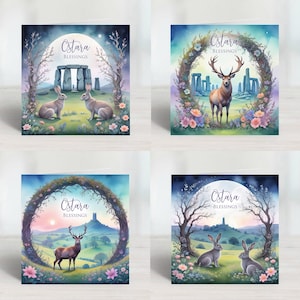 Peut inclure: Quatre cartes de vœux carrées avec des illustrations à l'aquarelle. Chaque carte présente le texte "Ostara Blessings" et une scène différente : des lapins près de Stonehenge, un cerf, un chevreuil et deux lapins. Les cartes ont des accents floraux et arboricoles.