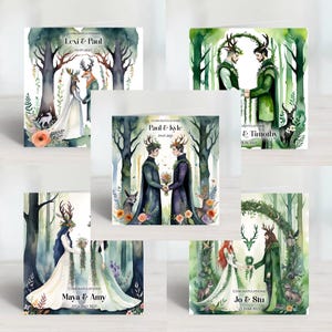 Cartes personnalisées magiques éthérées vertes d'animaux de forêt de mariage, de fiançailles, d'anniversaire, de cérémonie de même sexe