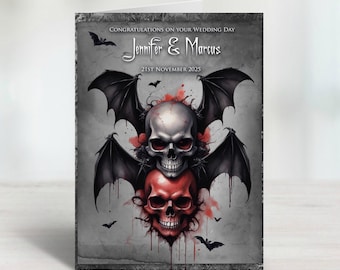 Personalised Stunning Gothic Bat Skulls Wedding or Anniversary card for alternative couples. Dark, Elegant and Dramatic!