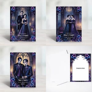 Tarjetas de boda góticas personalizadas en morado y azul para parejas. Para bodas y celebraciones LGBTQ+, del mismo sexo y alternativas. Franqueo de primera clase.