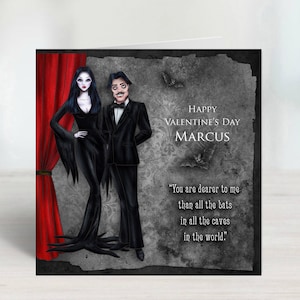 Gepersonaliseerde Addams Family Morticia & Gomez "All the Bats" Valentijnsdagkaart