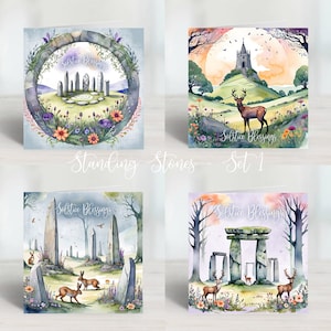 Piedras erguidas de Stonehenge - Solsticio de verano, Bendiciones del solsticio, Pagano, Wicca, Tarjeta de felicitación circular de piedras - Set 1