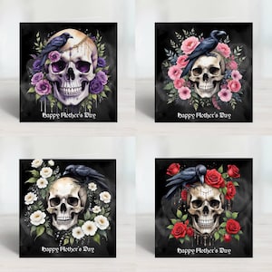Tarjetas para el Día de la Madre con cuervos góticos y calaveras con flores llamativas, se pueden imprimir en el interior por un pequeño cargo adicional, se envían por primera clase.