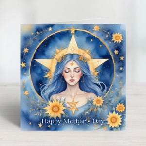 Biglietto di auguri per la festa della mamma ispirato alla Dea pagana. Può essere stampato all'interno con un piccolo sovrapprezzo, spedito in prima classe.