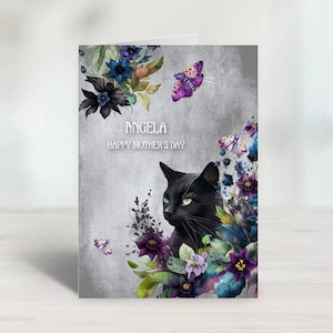 Carte personnalisée A5 pour la fête des mères gothique avec chat noir et solanacée. Intérieur polychrome et impression de votre message. Poste 1re classe