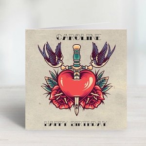 Personalised Neo Traditional Tattoo Style Birthday Card - Heart & Swallows