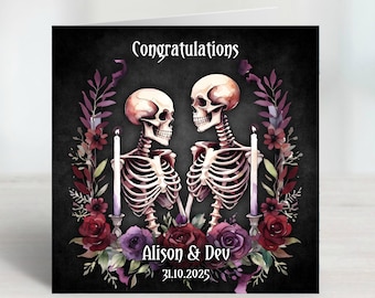 Personalised Gothic Wedding, Engagement, Anniversary, Congratulations Card with Skeleton couple and moody florals