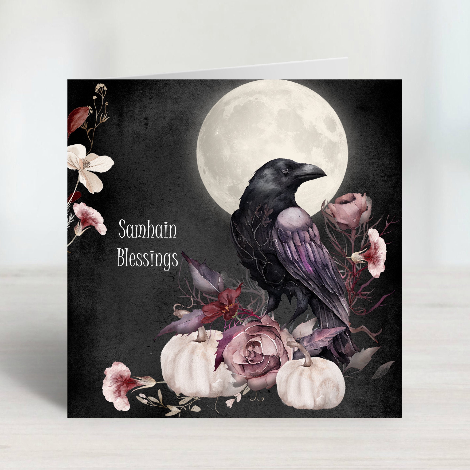 Watercolour Floral Raven & Pumpkin Samhain Blessings Card for witches and those who love the Trick or Treat season.
