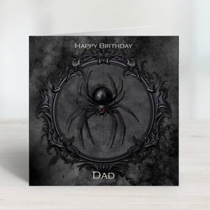Carte de voeux d'anniversaire gothique personnalisée pour tous les âges - Araignée suspendue encadrée noire