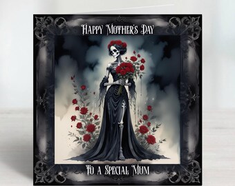 Personalised Gothic Black Skeleton Lady Mother's Day cards with striking red florals, can be printed inside for a small. Sent 1st class.