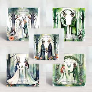 Carte personalizzate per cerimonia pagana di matrimonio, fidanzamento, anniversario, handfasting, animali della foresta verde eterei magici