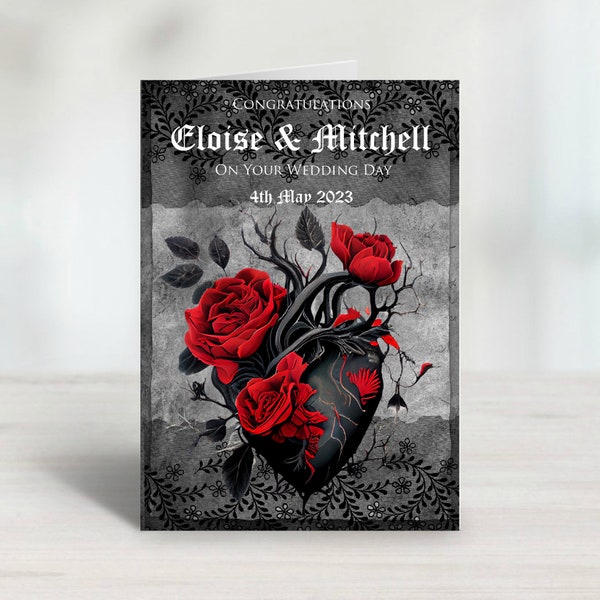 Personalised Gothic Black Heart & Red Roses Wedding or Anniversary Card