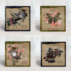 Personalisierte Steampunk Mechanische Geburtstagskarten in 4 Designs mit Option für gedruckte Einleger