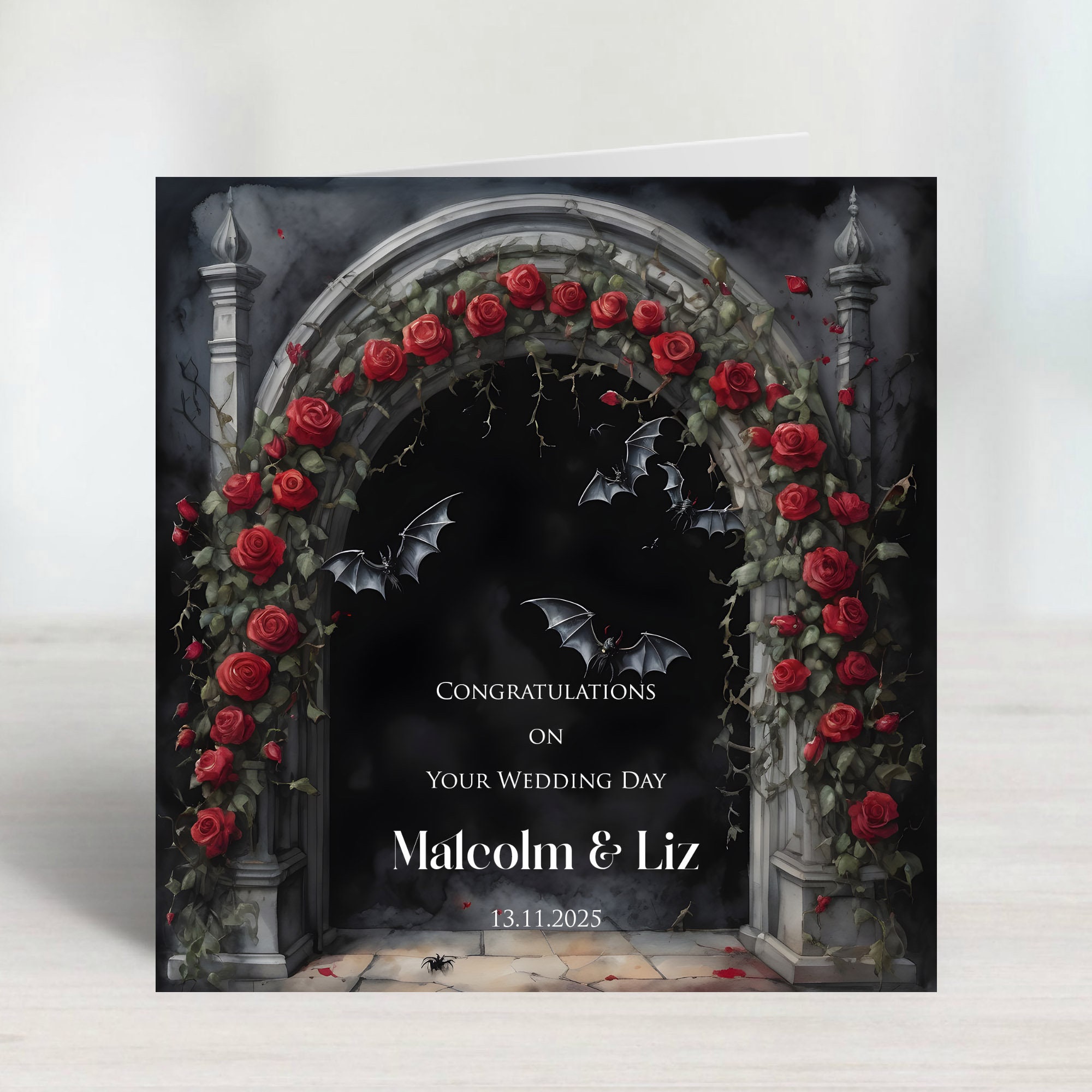 Personalised Dark Gothic Red Rose Arch Wedding, Engagement, Anniversary Card