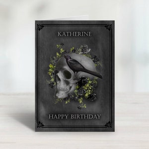 Gepersonaliseerde Gothic Skull & Raven-verjaardagskaart