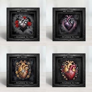 Puede incluir: Cuatro tarjetas enmarcadas en negro con un diseño de corazón gótico. Cada tarjeta presenta un diseño de corazón diferente con un fondo negro y rosas rojas. El texto en cada tarjeta dice "Mi corazón... te pertenece".
