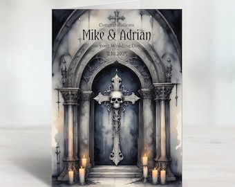 Personalisierte atemberaubende graue Gothic Skull Cross Hochzeits- oder Jubiläumskarte für alternative Paare. Dunkel, elegant und dramatisch!