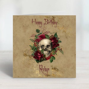 Carte d'anniversaire personnalisée - Tête de mort et roses
