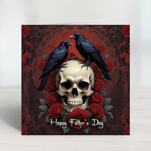 Carte de fête des pères gothique avec corbeau et roses rouges pour votre père, grand-père, beau-père ou mentor. Montrez que vous vous souciez de vous avec une carte aussi originale soit-elle.