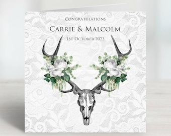 Personalised Square White Lace & Deer Skull Antlers Wedding Congratulations Engagement card