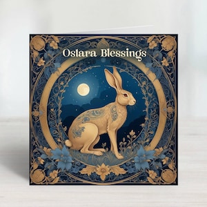 Originale und einzigartige Ostara Karte für das Wicca Fest zu Ostern und die Tagundnachtgleiche - Blauer Hase