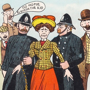 May include: A woman in a yellow and red dress is being escorted by two police officers. The woman is wearing handcuffs and a hat. The text in the image reads "Go home and wash the kid."