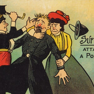 Reproduktion der Suffragette Postkarte SUFFRAGISTINNEN EINEN POLIZISTEN ANGRIFFEN