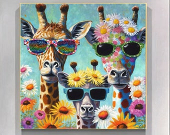 Sunny Giraffes Family, Large Printed Canvas Unique Art Work, Color Animal picture  Modern Wall Art Prints and Posters