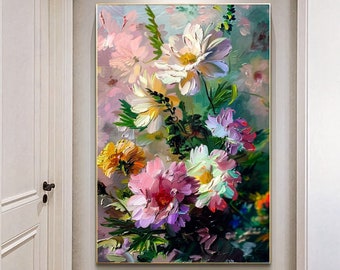 Arte floral Lienzo impreso estirado Flores de colores vivos, Arte de flores silvestres coloridas Obra de arte creativa Impresión moderna para sala de estar, Regalo