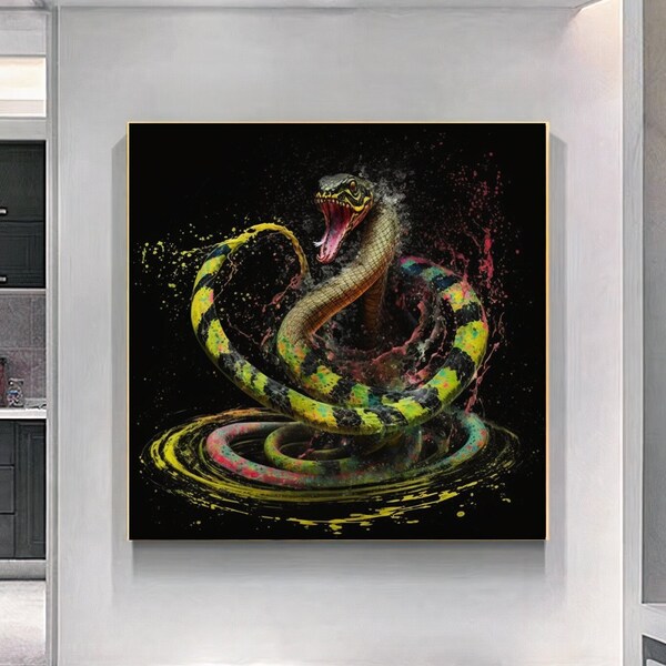 Grande toile imprimée Cobra de serpent vert travail d'art unique, image d'animal de couleur impression d'art mural moderne et affiches