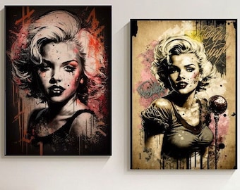Vintage Marilyn Monroe Portrait Modern Print, Graffiti art Picture for Home Wall Decoration, Stretched Print on Canvas