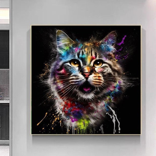 Bunte MaineCoon Katze,, Gespannte druckbare Leinwand, Einzigartige Kunst, Kreative Kunst Arbeit, Tiere Bilder Moderne Print Art