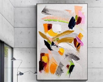 EXTRA GROßES ÖLGEMÄLDE AUF LEINWAND - Grau Orange Abstraktes Gemälde Moderne Wandkunst für Wohnzimmer
