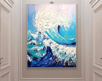 GROSSE STRUKTURIERTE GEMÄLDE auf Leinwand 3D Wave Stormy Ocean Malerei Original Wandkunst