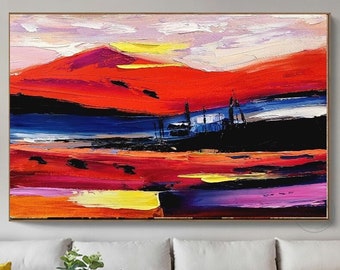 LARGE LANDSCAPE  ABSTRACT Wall Art - Red Blue Oil Painting on Canvas - Textured Modern painting for Living Room