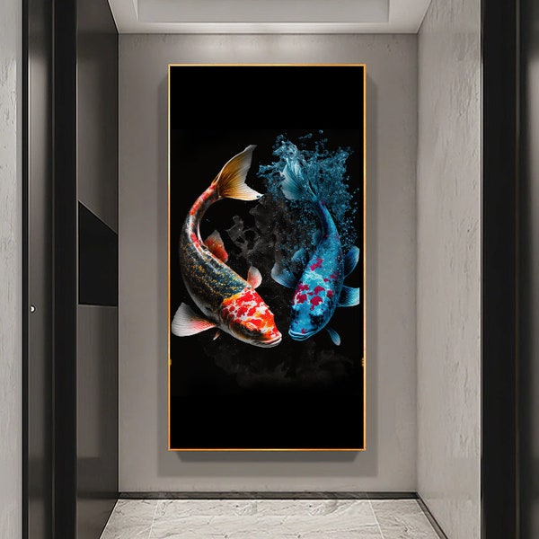 Impression de deux poissons Koi sur toile, décoration de maison moderne, tableau d'art mural imprimé d'animaux pour salon