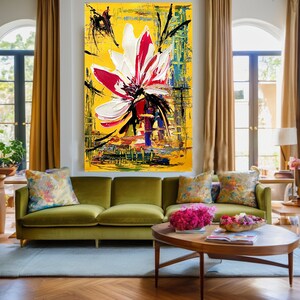 FLORAL ABSTRACT MODERN Wall Art Lotus großes Ölgemälde auf Leinwand Spachtelkunst lebendige Farbmalerei für Wohnzimmer, Hotel Bild 9